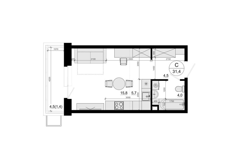 Студия 30,9 м²