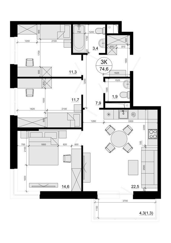 4 ккв (Евро) 74,6 м²