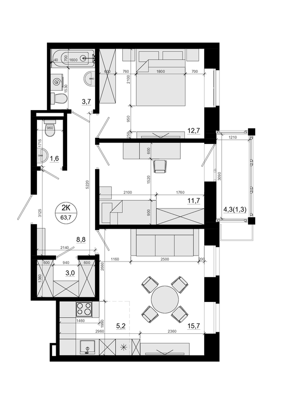 3 ккв (Евро) 63,7 м²