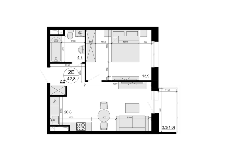 2 ккв (Евро) 42,8 м²