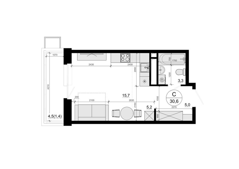 Студия 29,8 м²