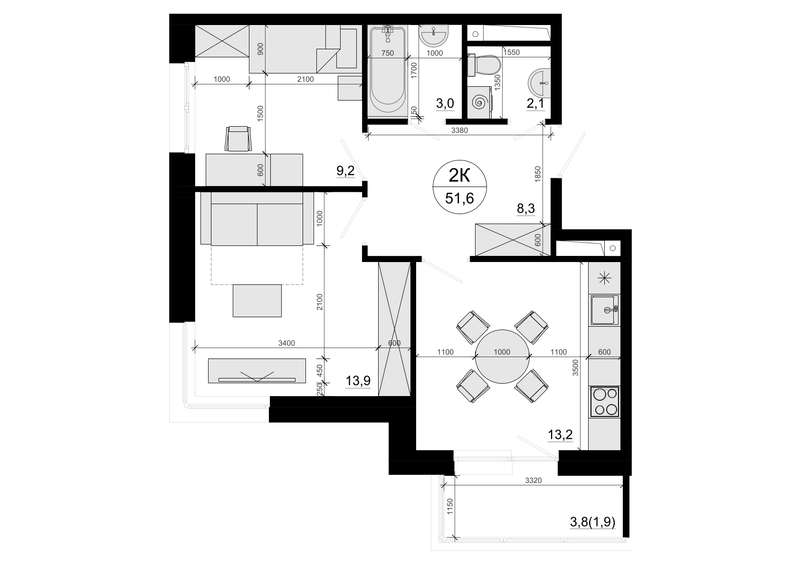 2 ккв 51,6 м²