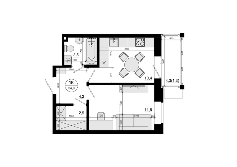 1 ккв 34 м²