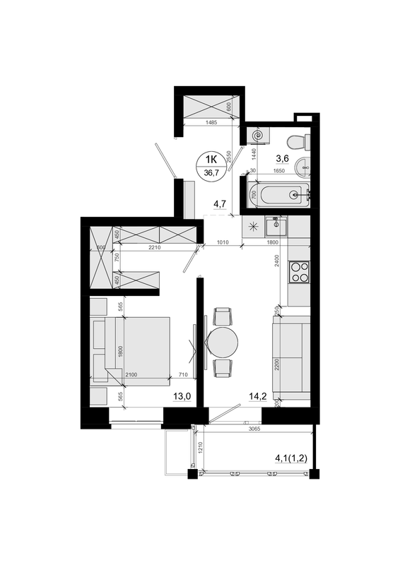 1 ккв 36,7 м²