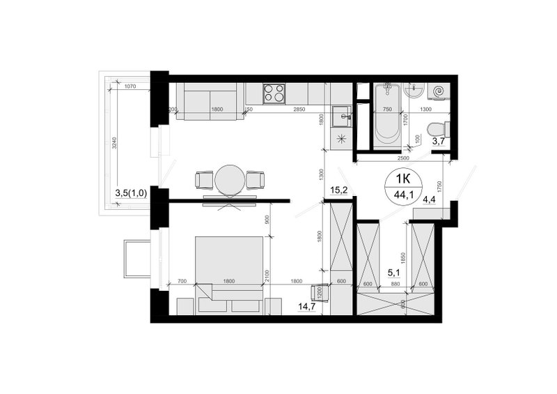 2 ккв (Евро) 43,7 м²