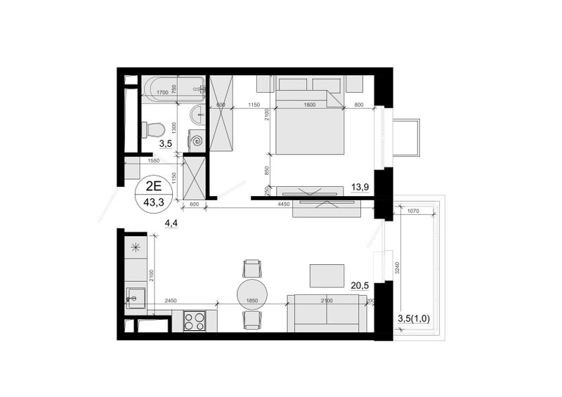 2 ккв (Евро) 43,3 м²