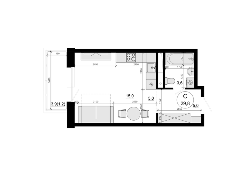 Студия 29,8 м²
