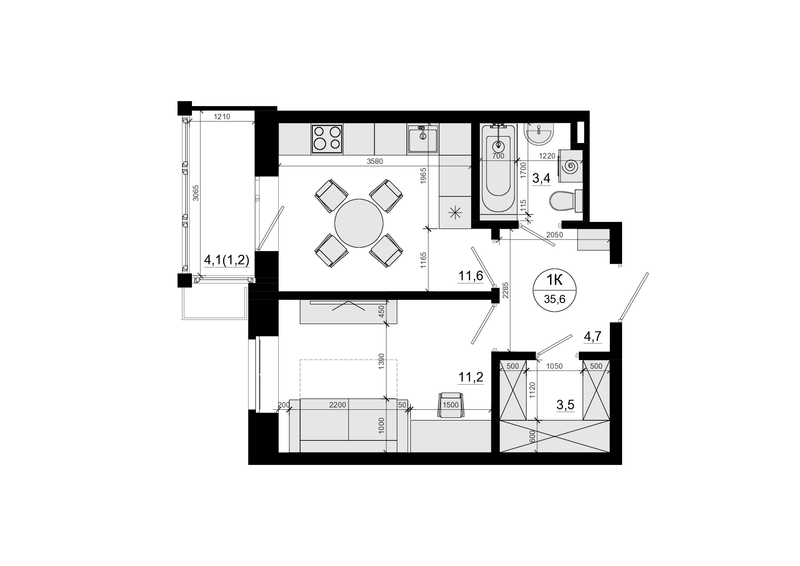 1 ккв 35,6 м²