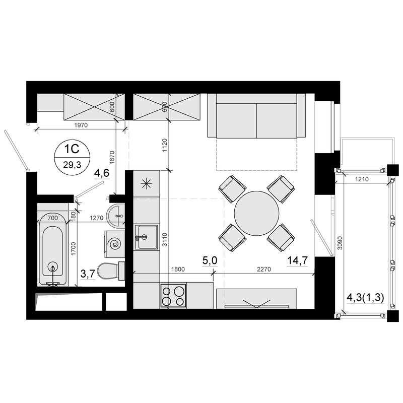 Студия 29,3 м²