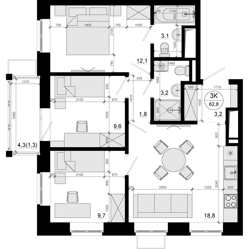 4 ккв (Евро) 62,8 м²