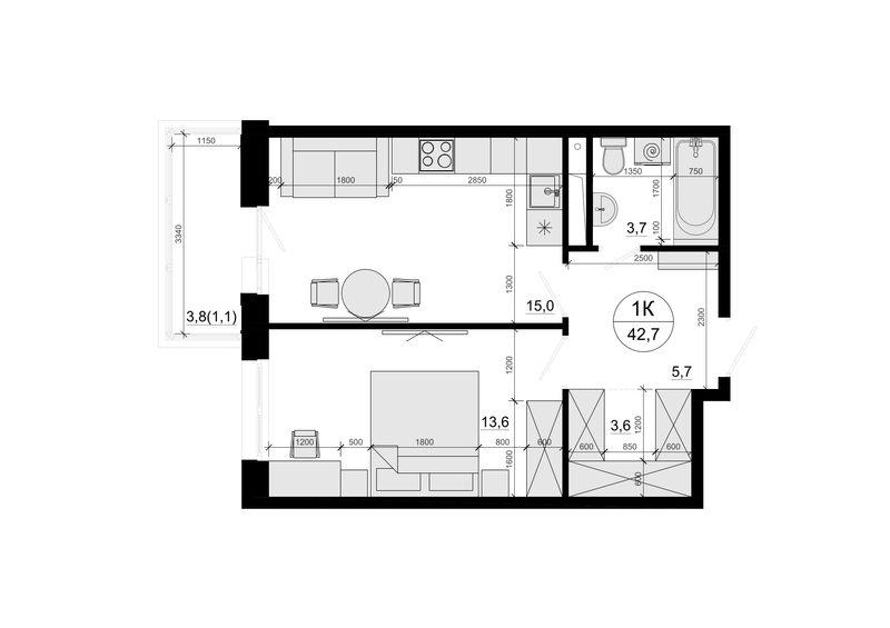 2 ккв (Евро) 42,7 м²