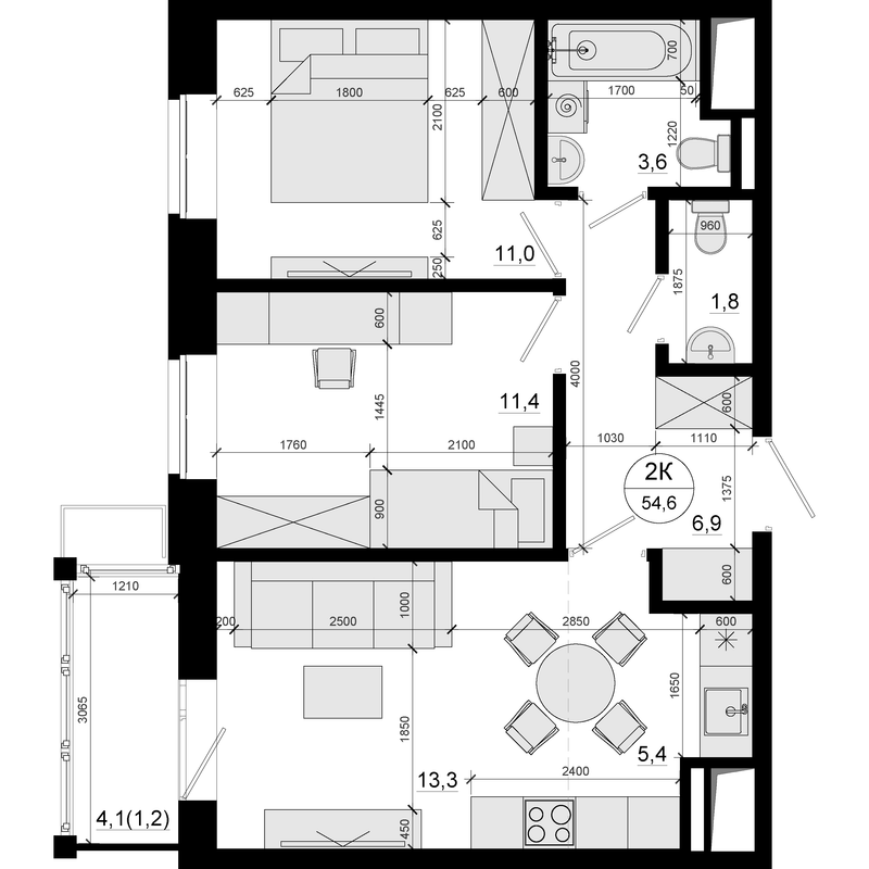 3 ккв (Евро) 54,6 м²