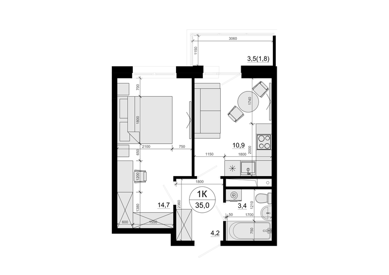 1 ккв 35 м²