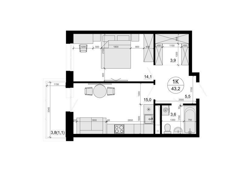 2 ккв (Евро) 43,2 м²