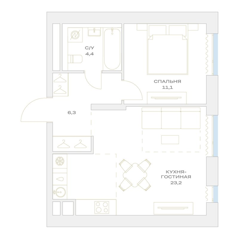 2 ккв (Евро) 45 м²