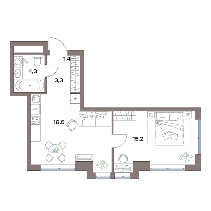 2 ккв (Евро) 42,7 м²