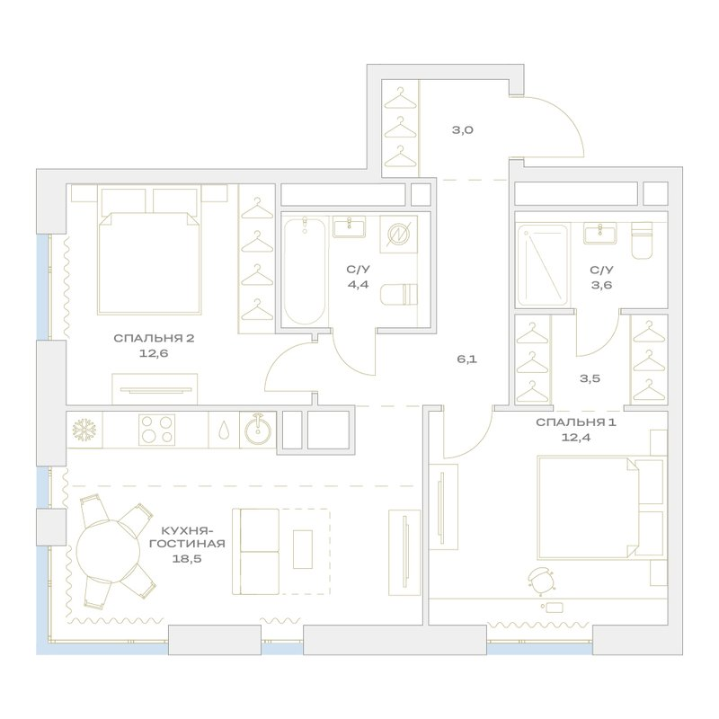 3 ккв (Евро) 64,1 м²