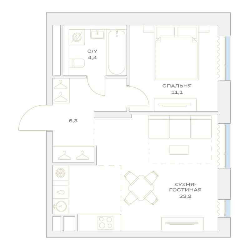 2 ккв (Евро) 45 м²