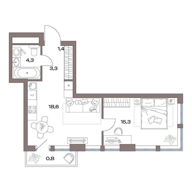 2 ккв (Евро) 44 м²