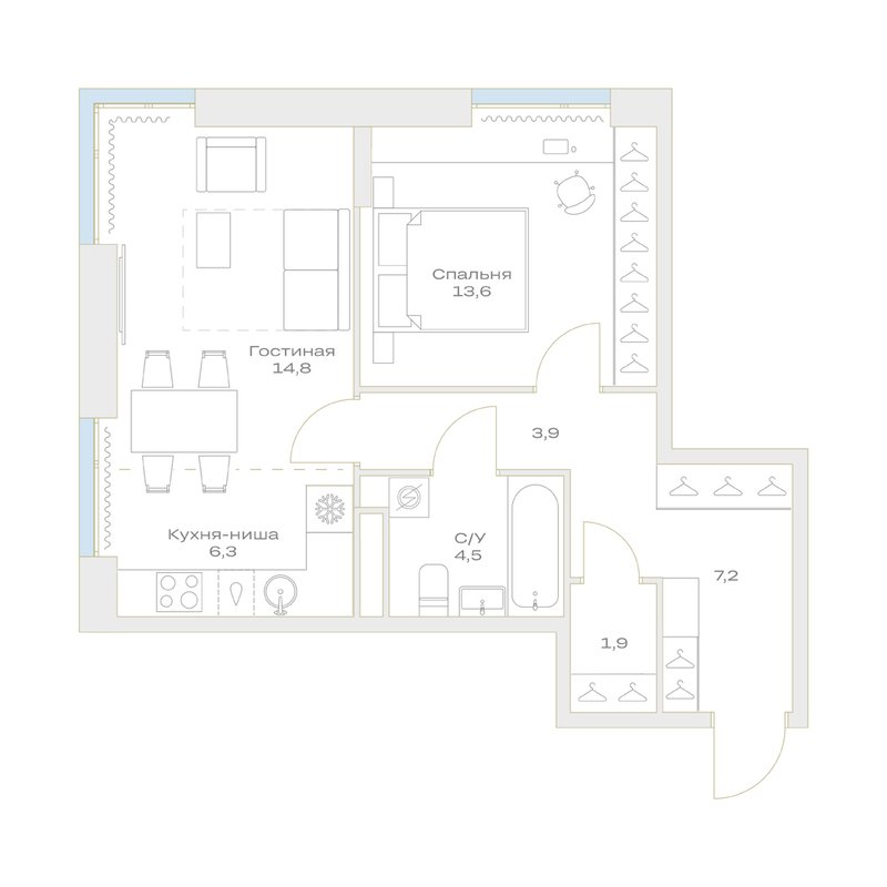 2 ккв (Евро) 52,2 м²