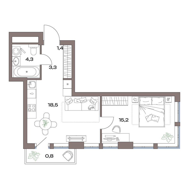 2 ккв (Евро) 43,8 м²