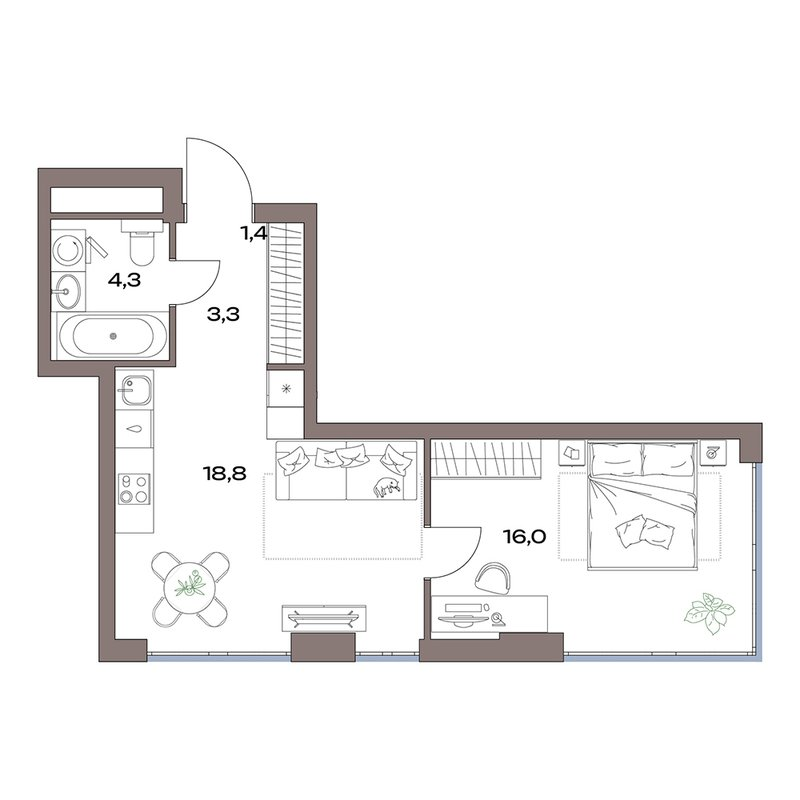 2 ккв (Евро) 43,9 м²