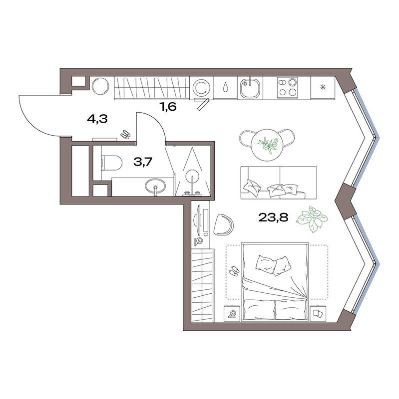 Студия 33,4 м²