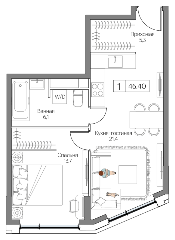 2 ккв (Евро) 46,4 м²
