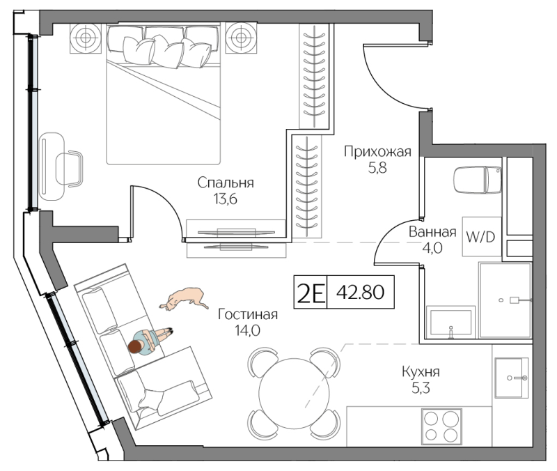 2 ккв (Евро) 42,8 м²