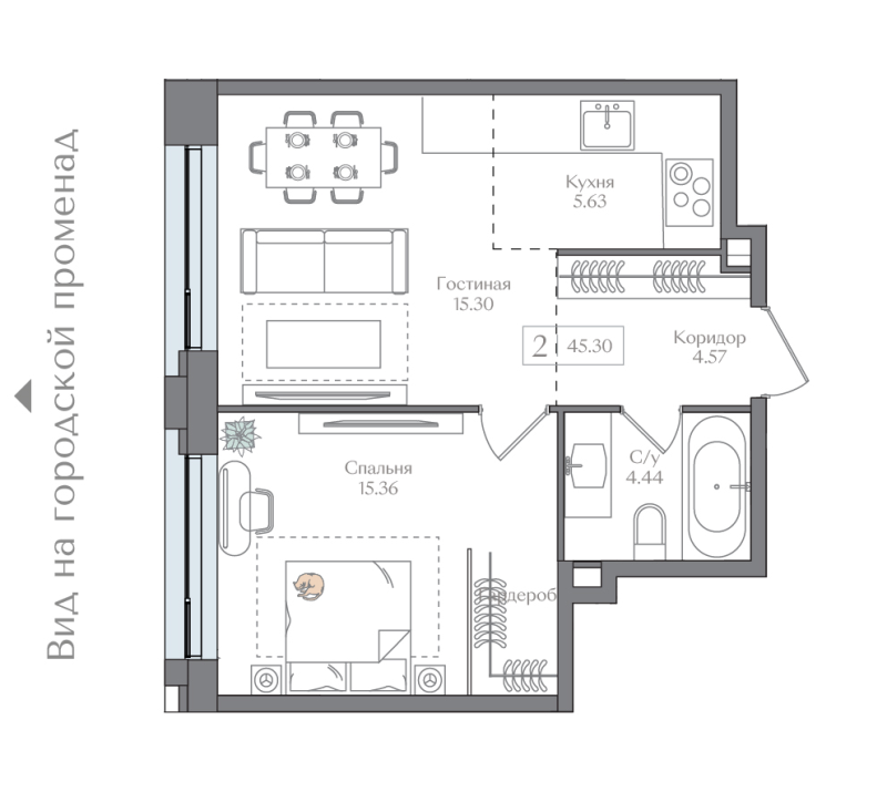 2 ккв (Евро) 45,3 м²