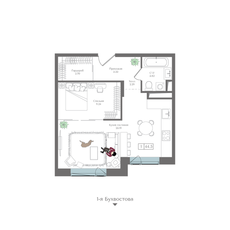 2 ккв (Евро) 44,5 м²