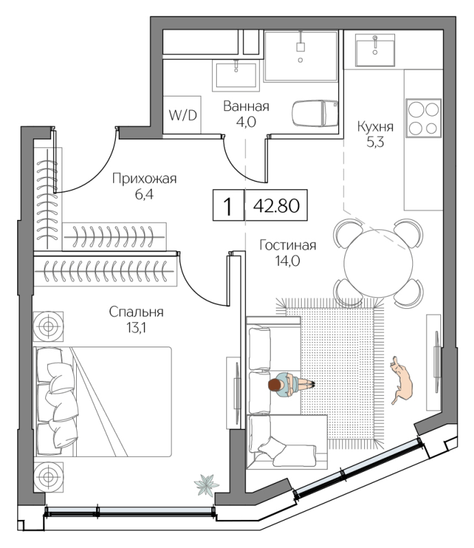 2 ккв (Евро) 42,8 м²