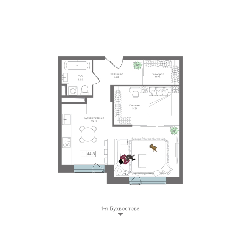 2 ккв (Евро) 44,5 м²