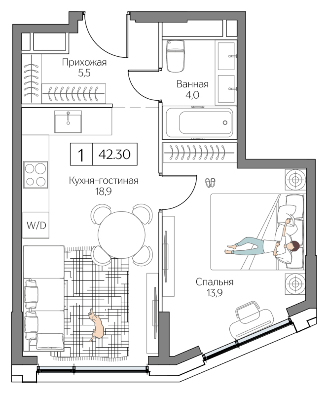 2 ккв (Евро) 42,3 м²