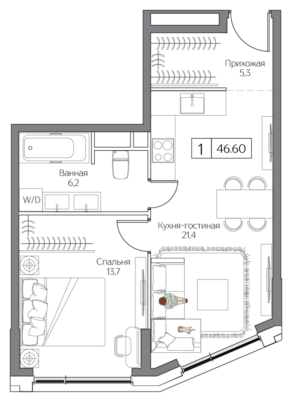 2 ккв (Евро) 46,6 м²