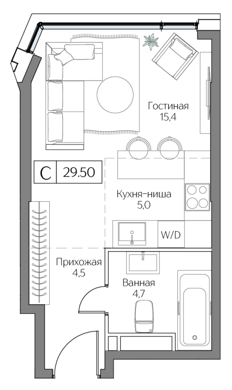 Студия 29,5 м²