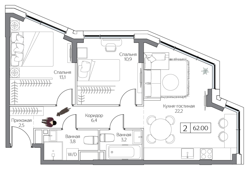 3 ккв (Евро) 62 м²