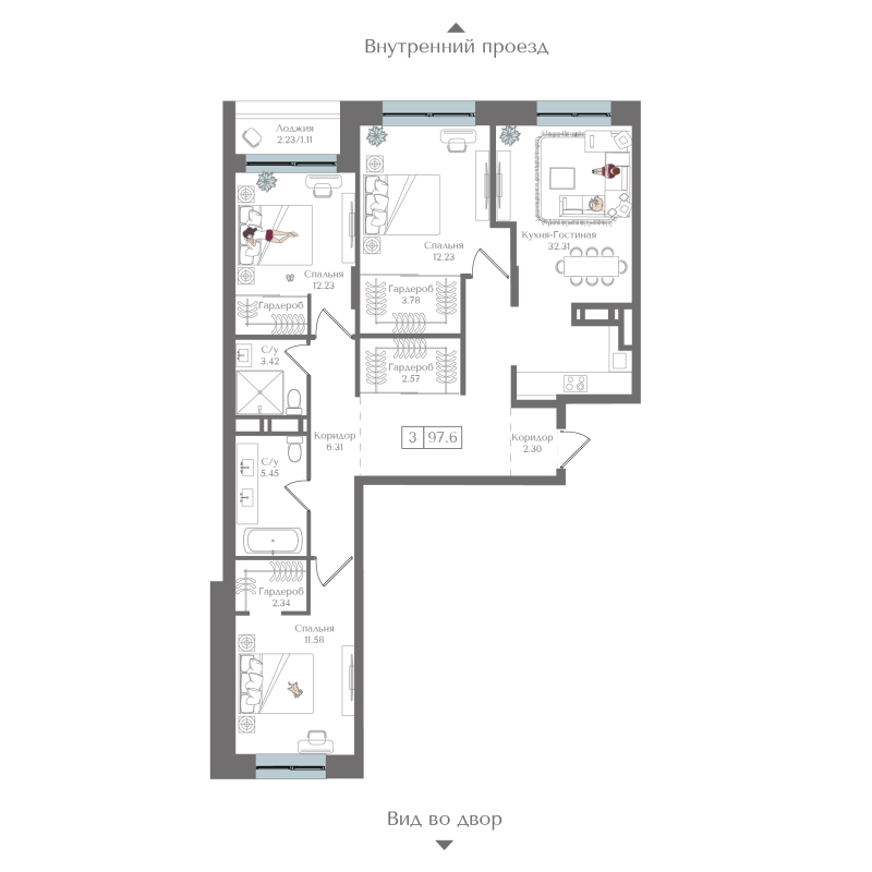3 ккв (Евро) 97,6 м²