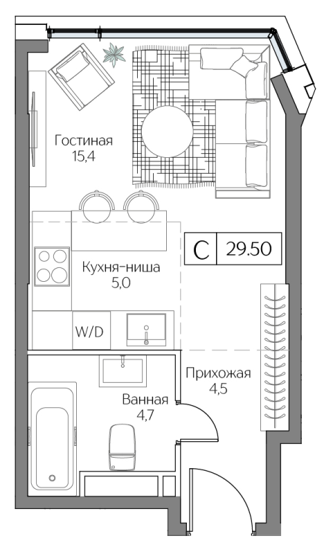 Студия 29,5 м²