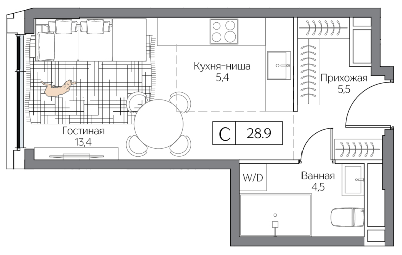 Студия 28,9 м²