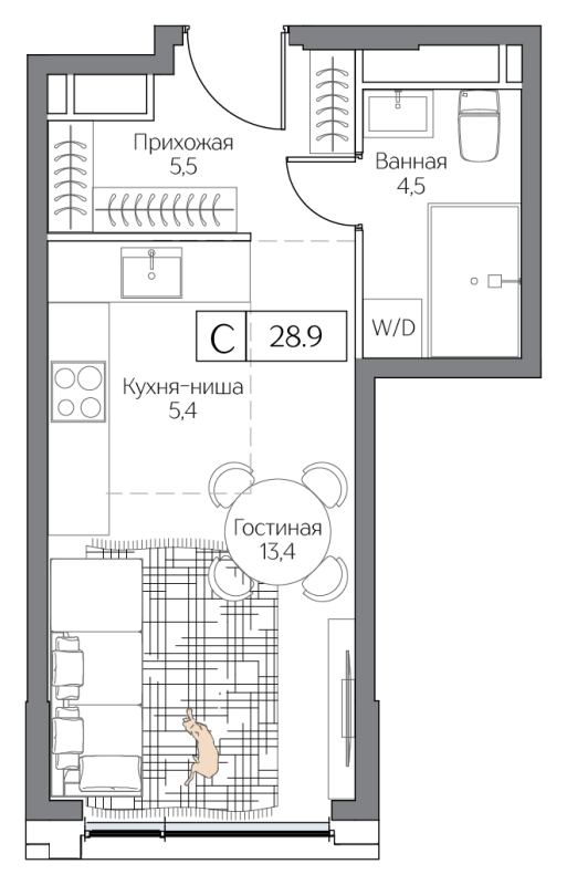 Студия 28,9 м²