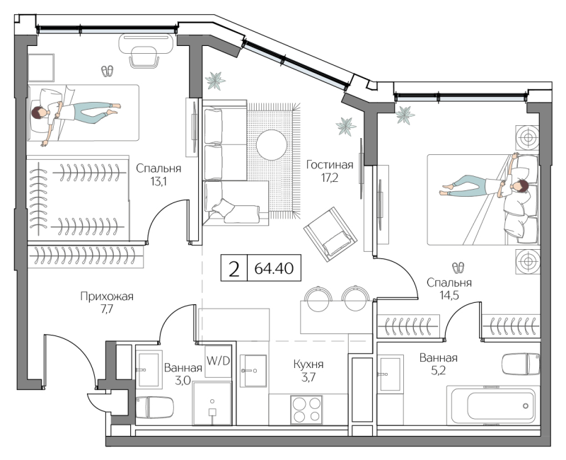 3 ккв (Евро) 64,4 м²