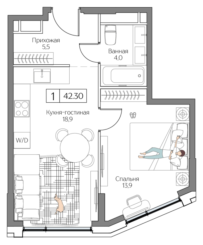2 ккв (Евро) 42,3 м²