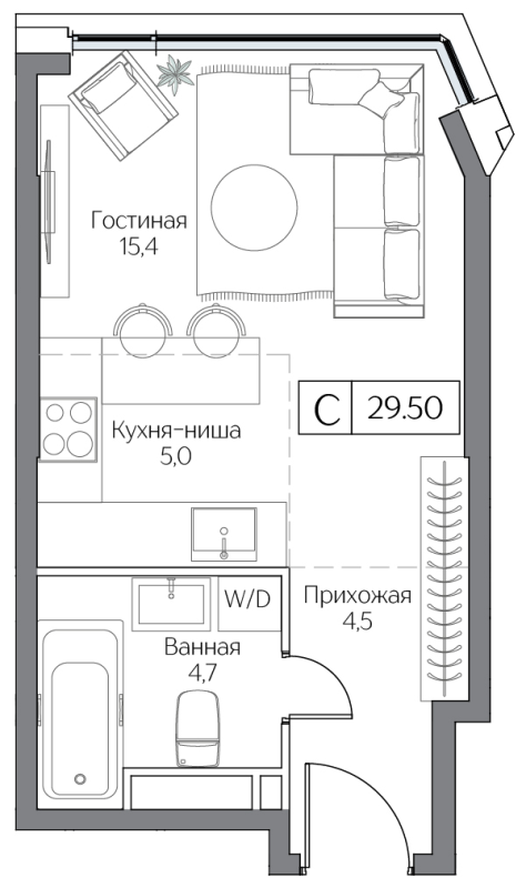 Студия 29,5 м²