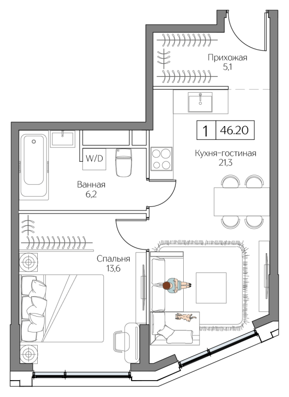 2 ккв (Евро) 46,2 м²