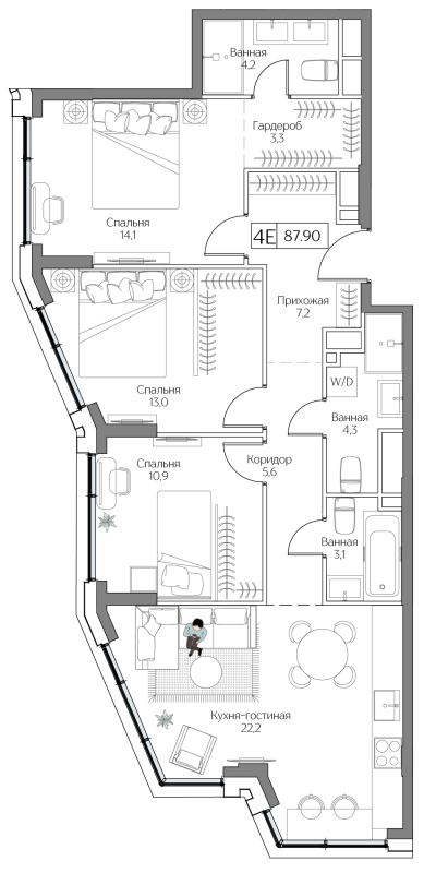 4 ккв (Евро) 87,9 м²