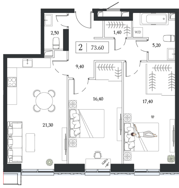 3 ккв (Евро) 73,6 м²