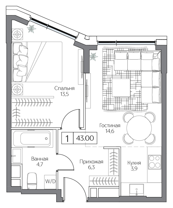 2 ккв (Евро) 43 м²