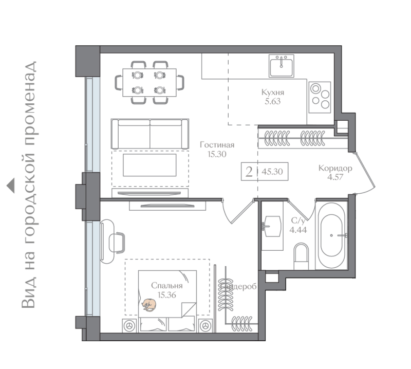 2 ккв (Евро) 45,3 м²