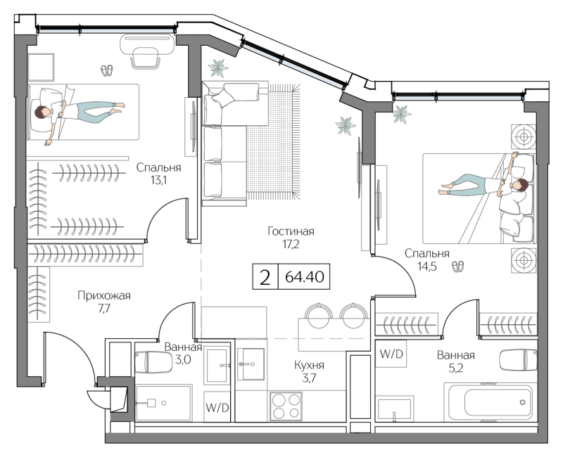 3 ккв (Евро) 64,4 м²